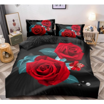 Pościel 160x200 Bawełna satynowa Czarna z czerwoną różą PK629 z PRZEŚCIERADŁEM